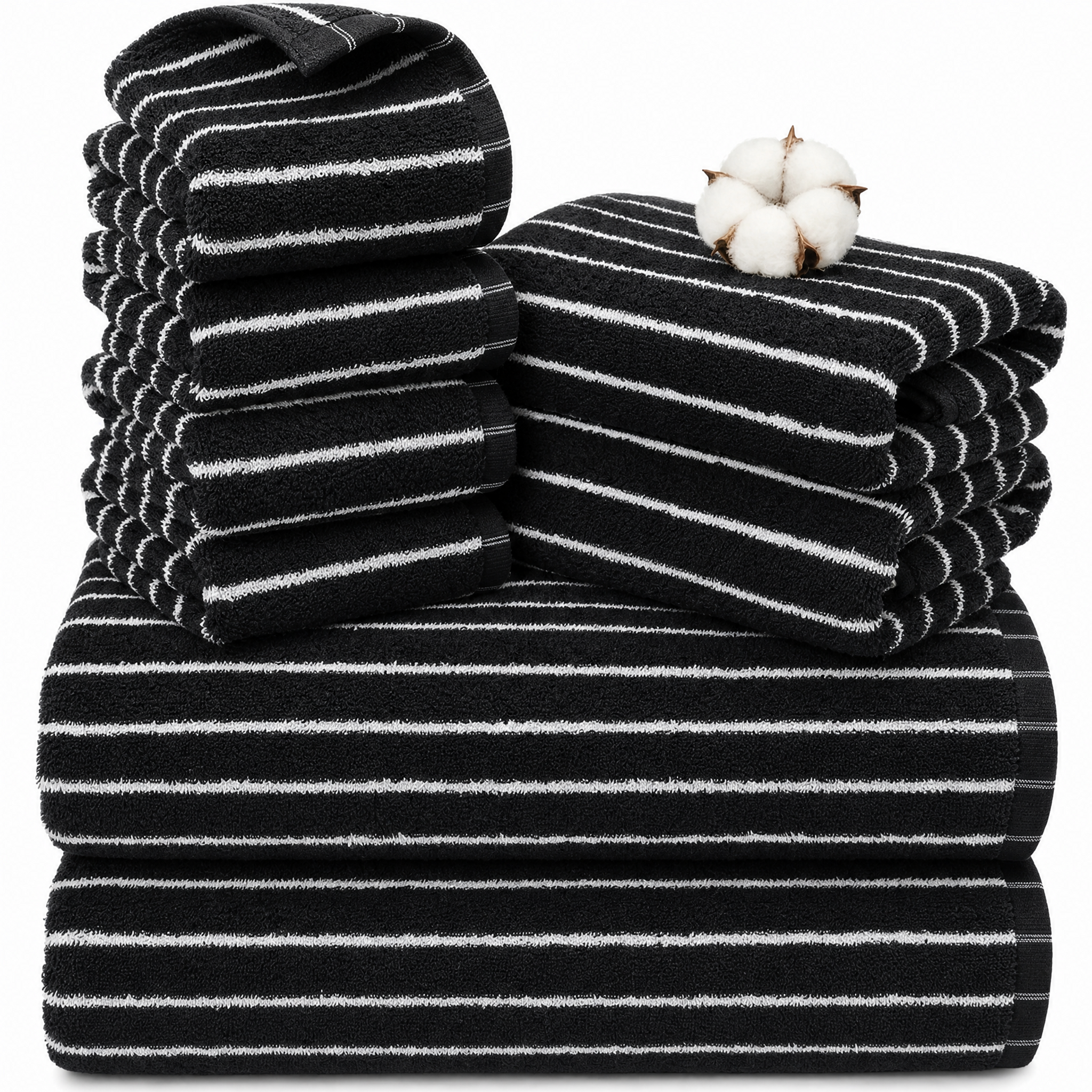 BEAQLIO 100% Cotton 8 Pack Bath Towels Set, Striped Towel Set, Black