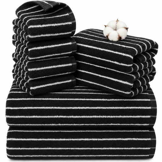 BEAQLIO 100% Cotton 8 Pack Bath Towels Set, Striped Towel Set, Black