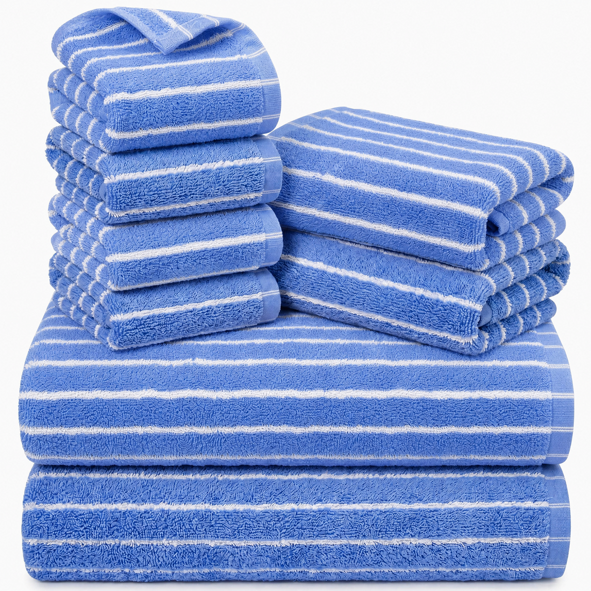 BEAQLIO 100% Cotton 8 Pack Bath Towels Set, Striped Towel Set, Blue