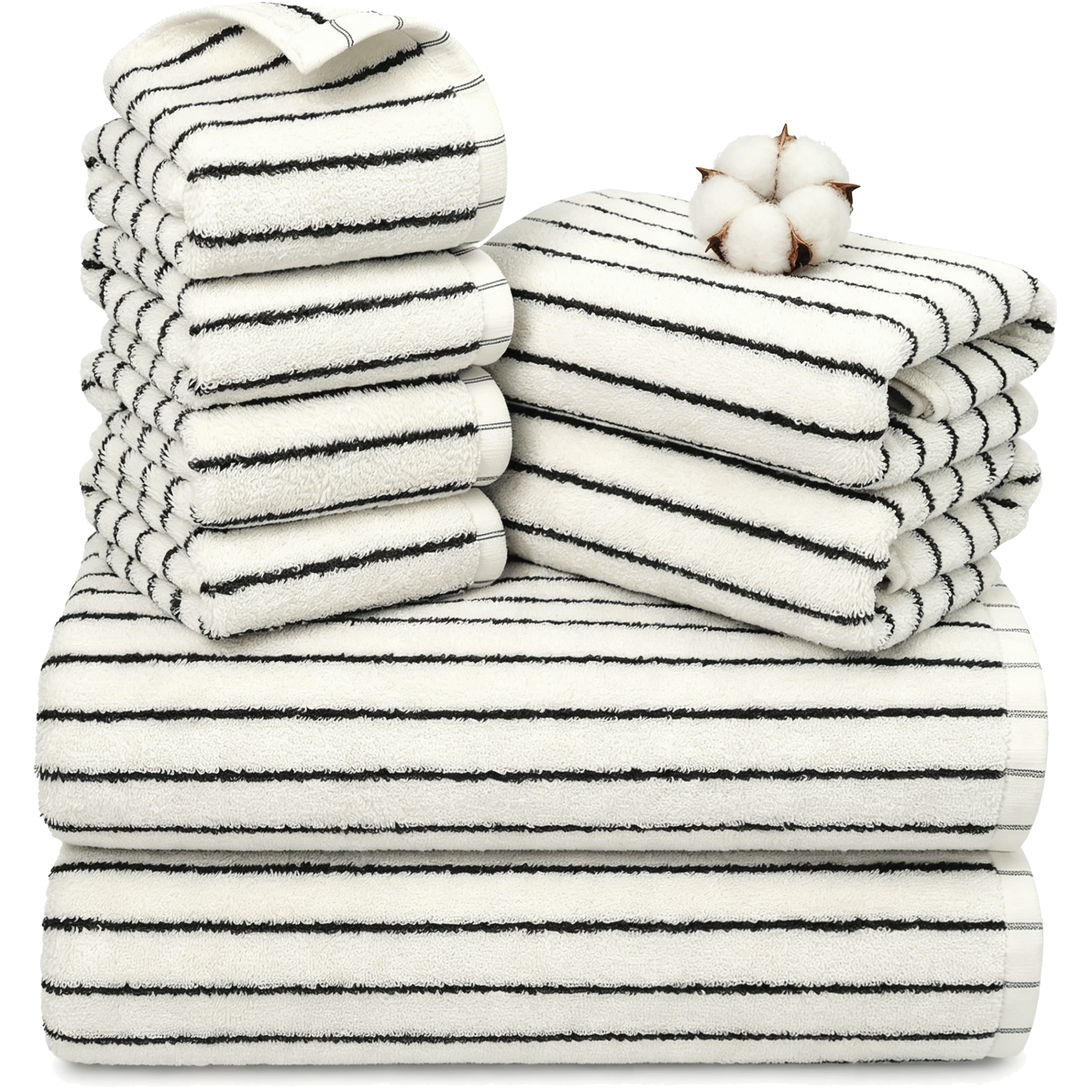 BEAQLIO 100% Cotton 8 Pack Bath Towels Set, Striped Towel Set, White