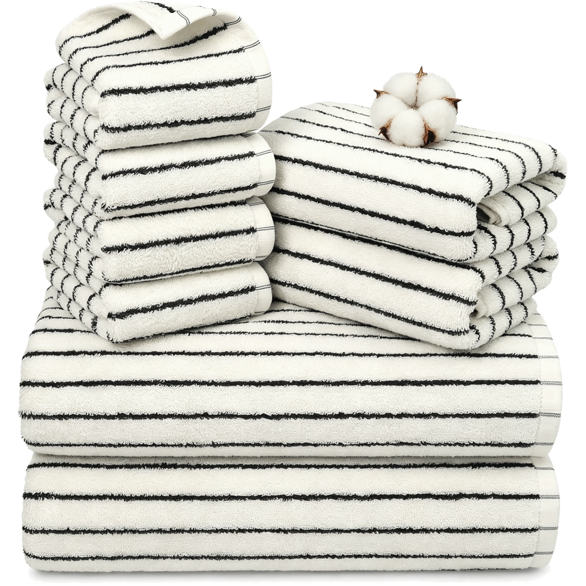 BEAQLIO 100% Cotton 8 Pack Bath Towels Set, Striped Towel Set, White