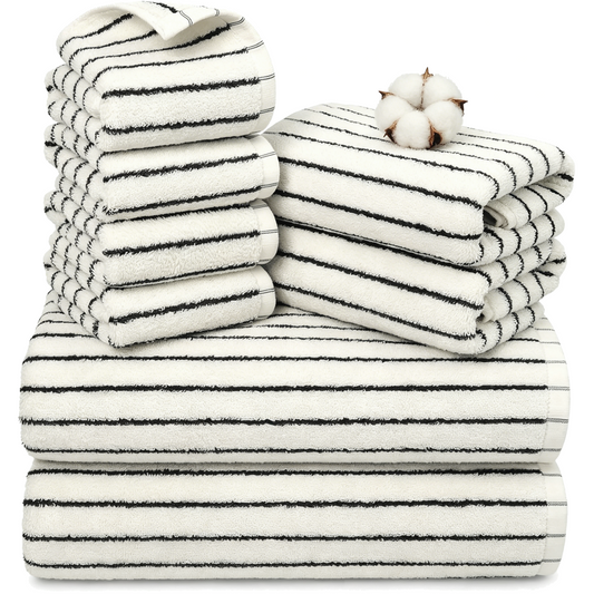 BEAQLIO 100% Cotton 8 Pack Bath Towels Set, Striped Towel Set, White