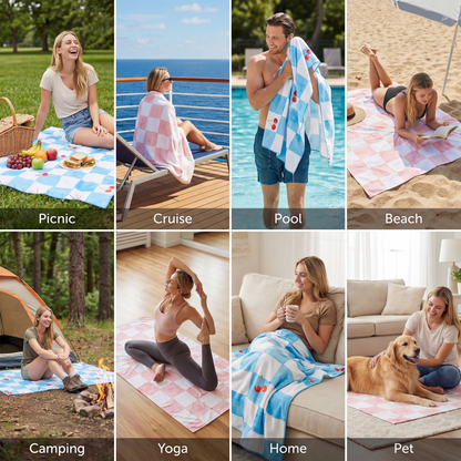 Beaqlio Microfiber Beach Towel Oversized, 71*36'' Cruise Quick Dry XL Beach Towels for Cruise Pool Yoga Gym Vacation Gift, Lightweight Absorbent Sandproof Large Beach Essentials, Plaid Cherry Print Towel