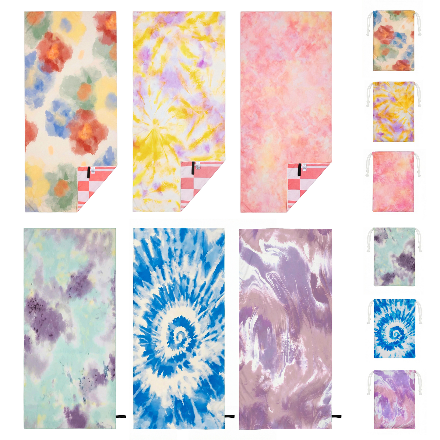 Beaqlio 6 Pack Microfiber Beach Towel Oversized with 6pcs Travel Bag, 71*36 Cruise Quick Dry XL Beach Towels for Cruise Pool Yoga Gym Vacation Gift, Lightweight Absorbent Large Beach Essentials,  Tie dye