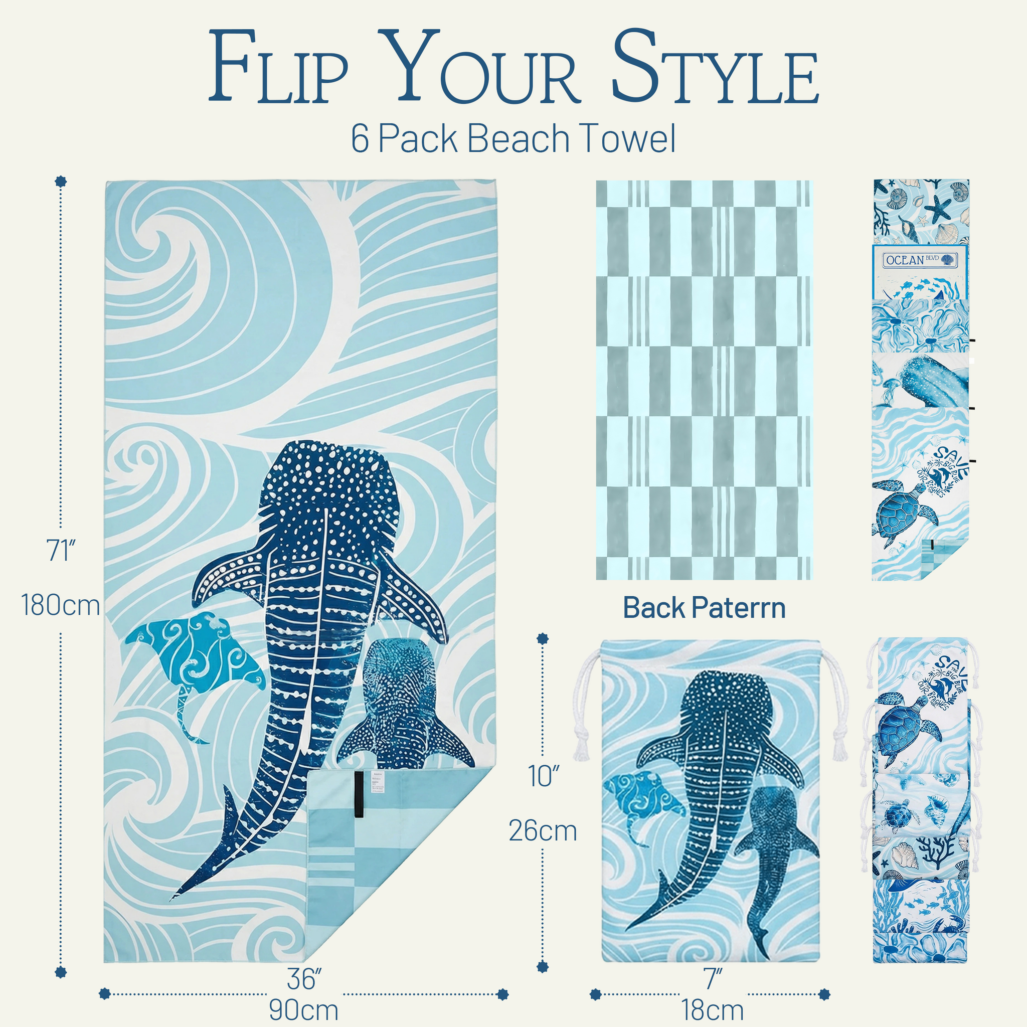 Beaqlio 6 Pack Microfiber Beach Towel Oversized with 6pcs Travel Bag, 71*36 Cruise Quick Dry XL Beach Towels for Cruise Pool Yoga Gym Gift, Lightweight Absorbent Sandproof Large Beach Essentials